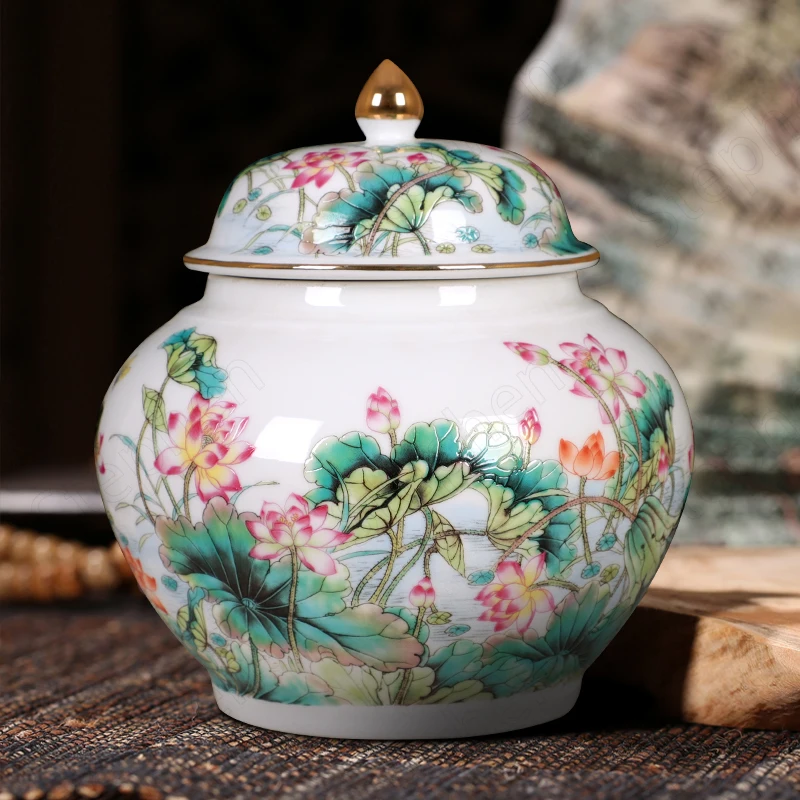 Pastel Lotus Sealed Tea Organizer Chinese Vintage Large Painted Ceramic Tea Container Coffee Table Desktop Ornament Home Decor