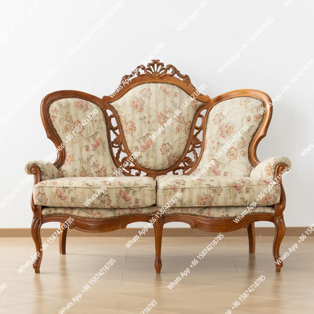 French retro solid wood carving sofa chair European living room printed fabric high back double triple court style leisure chair