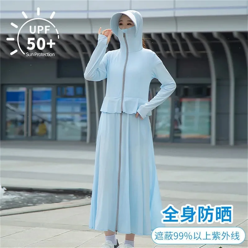 UPF 50+ Quick Dry Long Sleeve Shirts Womens Anti UV/Sun Protection Jackets Running Outdoor long Full-Body Coat Hooded Elasticity