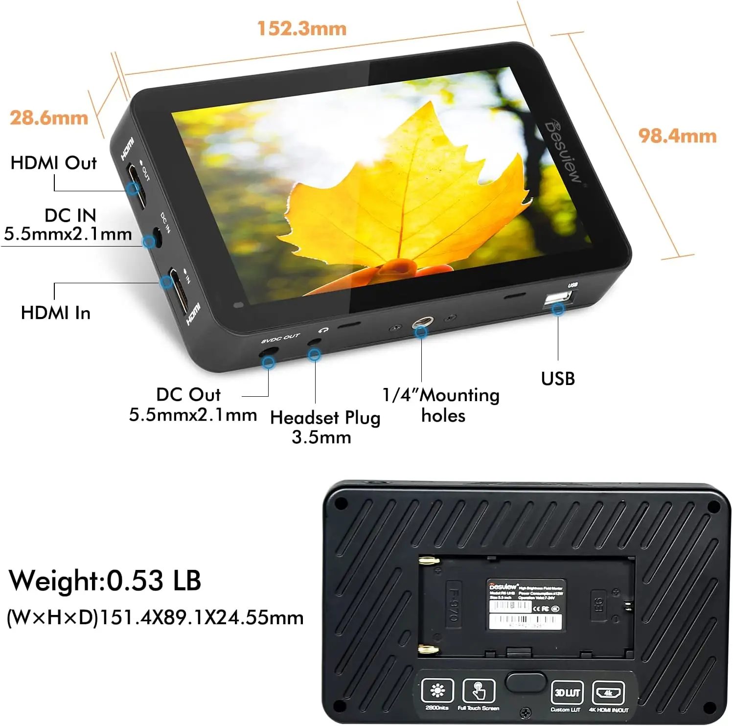 Desview R6 R7II 2800nits Camera Field Monitor 5.5 inch Touch Screen Full HD 1920x1080 IPS 4K HDMI DSLR Camera Monitor HDR 3D LUT