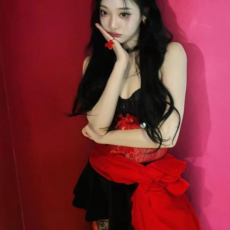 Kpop Korean Women Group Concert Sexy Off-Shoulder Sling Vest Slim Crop Tops Irregular Bow Slit Lace-up Long Skirts Stage Outfits