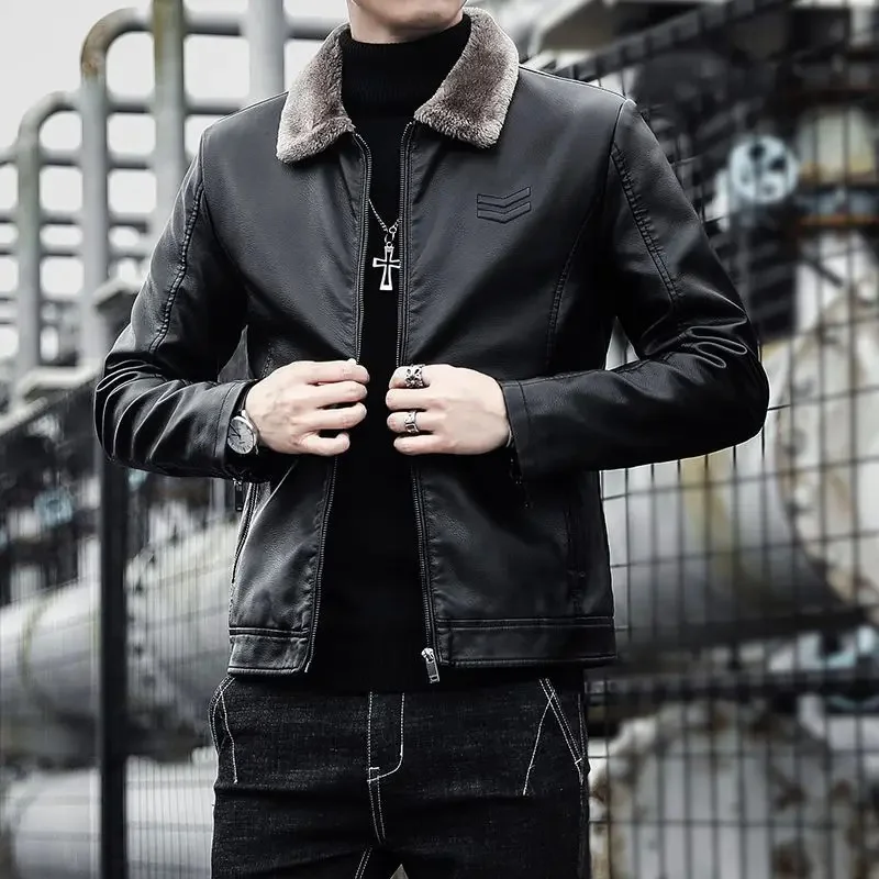 Male Fashion Slim-Fit Coat Winter Men Fleece-Lined Thicken Casual Lapel Leather Jacket Solid Color Large Size Outwear