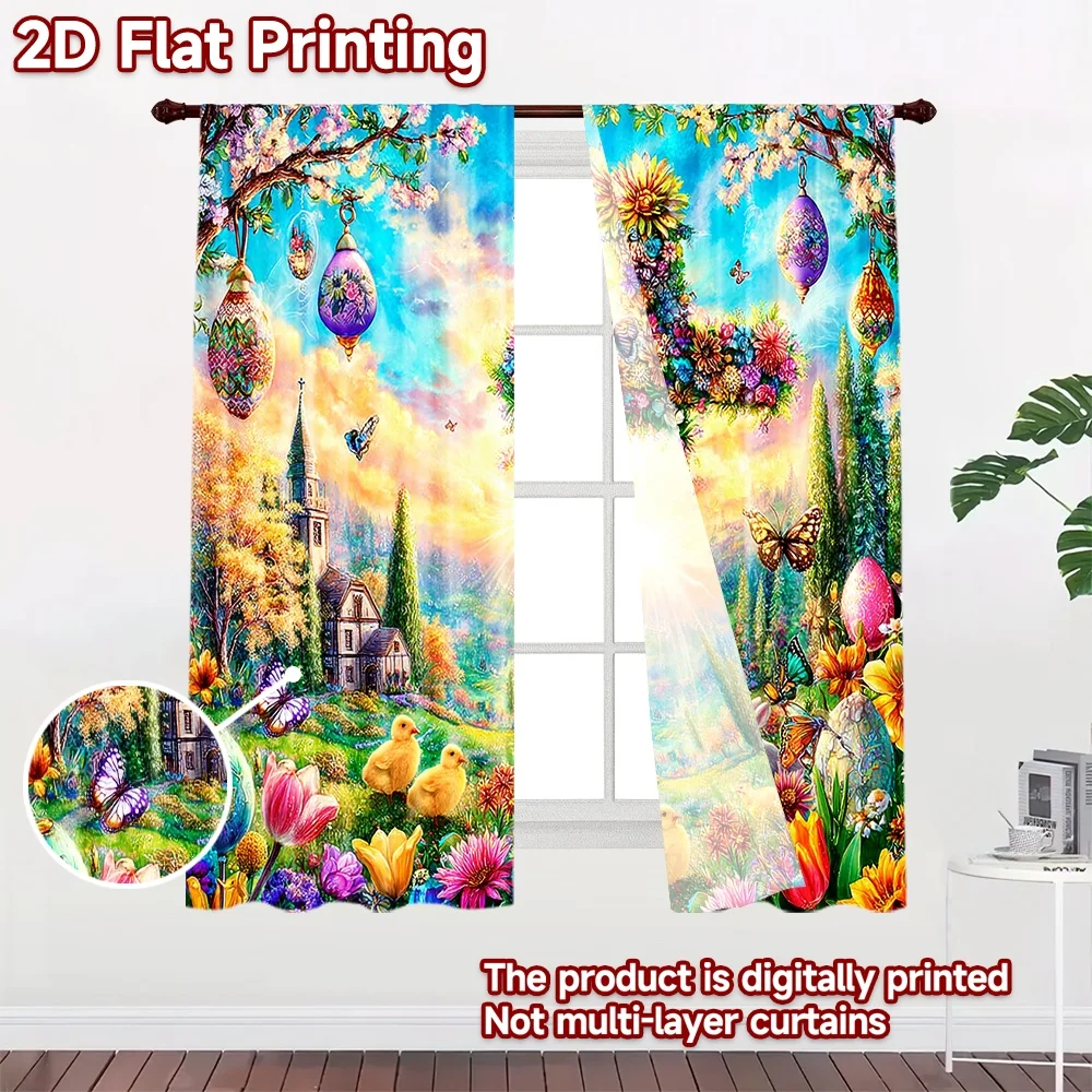 2D flat printing 2pcs Party Curtains Easter cross flowers butterflies Digital Printed Polyester Drapes Seasonal Party & Holiday