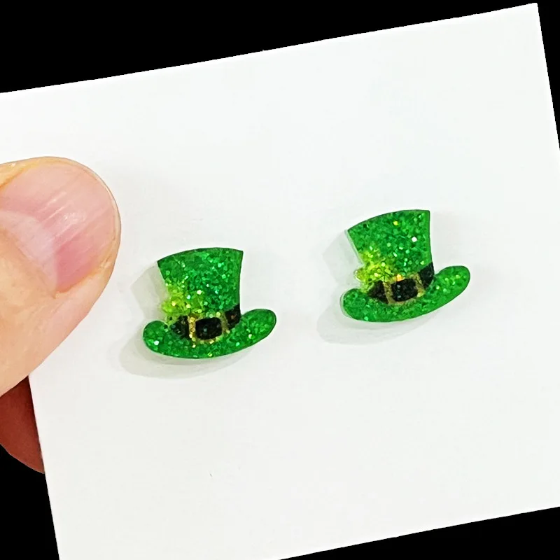4 leaf Clover Earrings in Green glitter acrylic, 2025 St Patricks Day jewelry, Green Acrylic St Patricks Day STUD EARRINGS