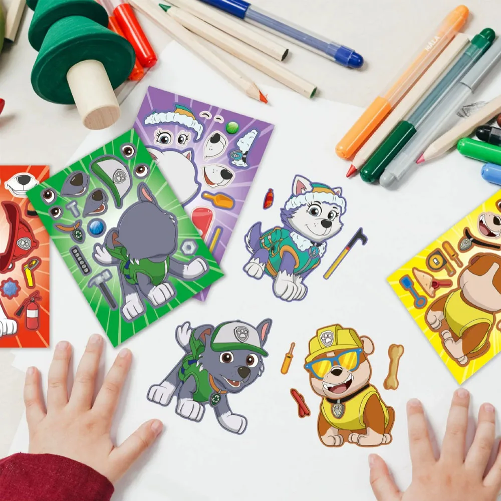 16PCS PAW Patrol Puzzle DIY Make A Face Changing Stickers For Helmet Bicycle Hand Account Pencil Case Decals view 5