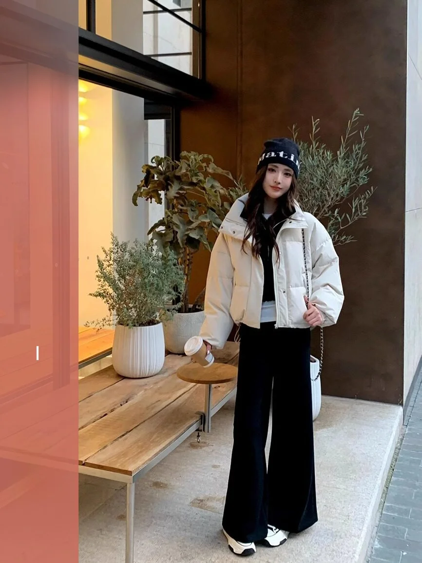 

Теплая короткая белая пуховая куртка-пуховик для женщин, зимняя верхняя одежда, объемное пальто с воротником-стойкой, модное для повседневной носки