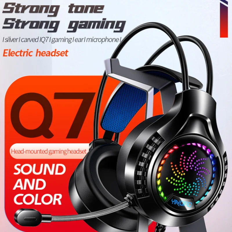 Q7 Silver Carving Foldable Luminous Computer Wired Headphone Large Ear Cups With Microphone Wired Gaming Earphones USB Charging