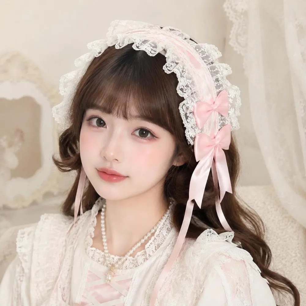 Lace Bow Lolita Headband Sweet Bow Lace Ruffled Anime Cosplay Headdress Handmade Embroidery Design Lace Bow Hairband