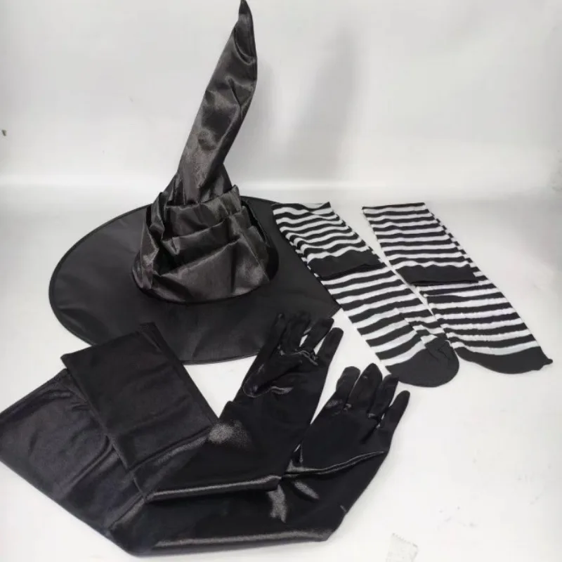 زي تنكري ساحر هالوين ، قبعة معالج سوداء طيات ، جوارب مخططة ، طقم قفازات طويلة ، إكسسوارات ديكور قبعات للكبار ، جديد #3