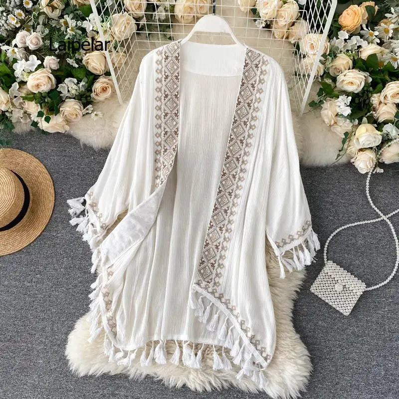 

White Cotton Ethnic Embroidery Kimono Robe Woman Long Blouse Cardigan Ssummer Boho Beach Tassle Bohemian Bikini Cover Up