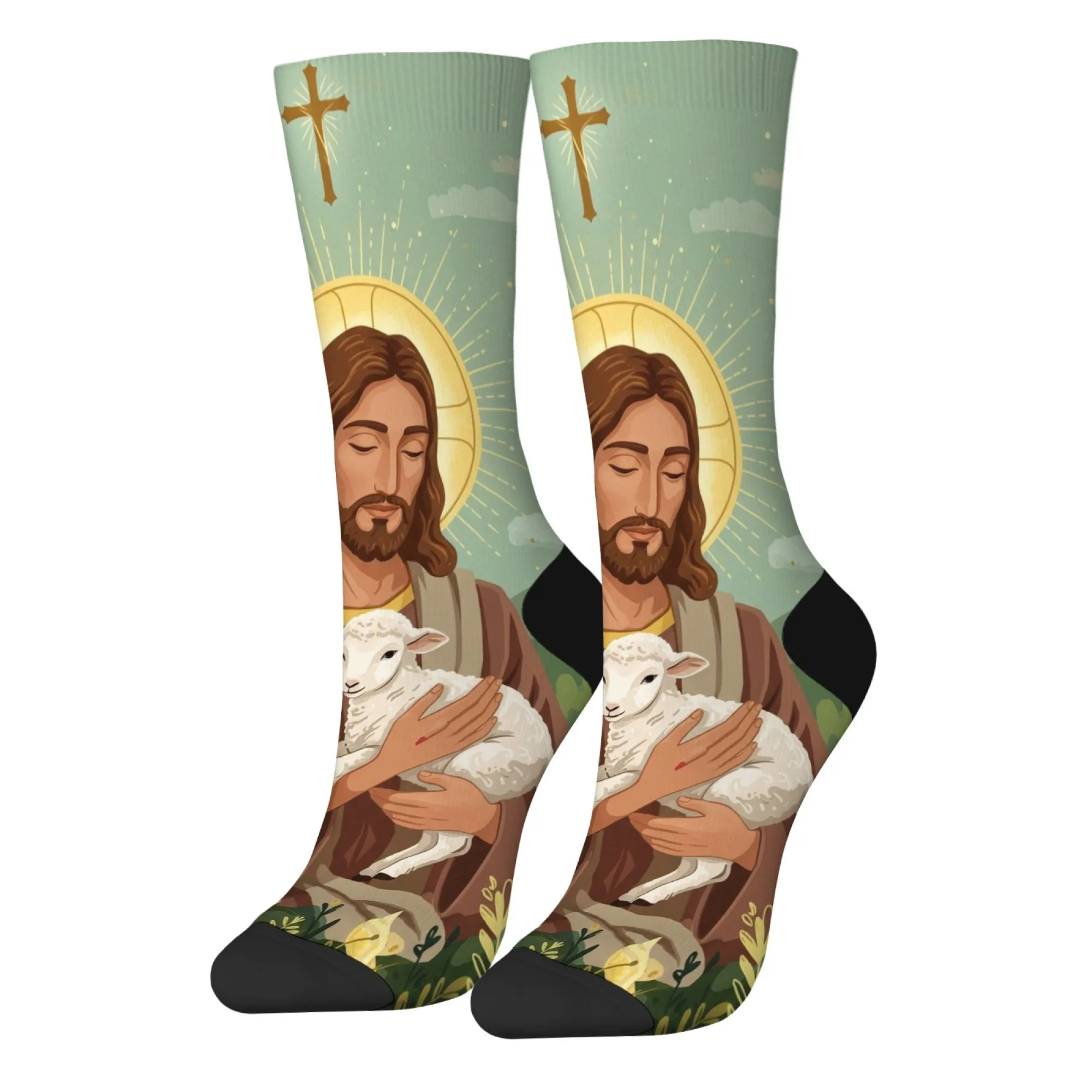 Cartoon Shepherd Jesus Men's Socks Harajuku Style Retro Fashion Casual Sports Socks Funny Hip Hop Happy Socks Novelty Party Gift