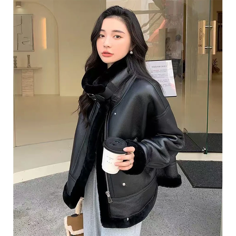 معاطف شتوية من الفرو للسيدات باللون الأسود مع سحاب فضفاض للدراجات النارية معطف صوف ميرينو من الجلد والفرو سترة نسائية من Abrigos Mujer #3