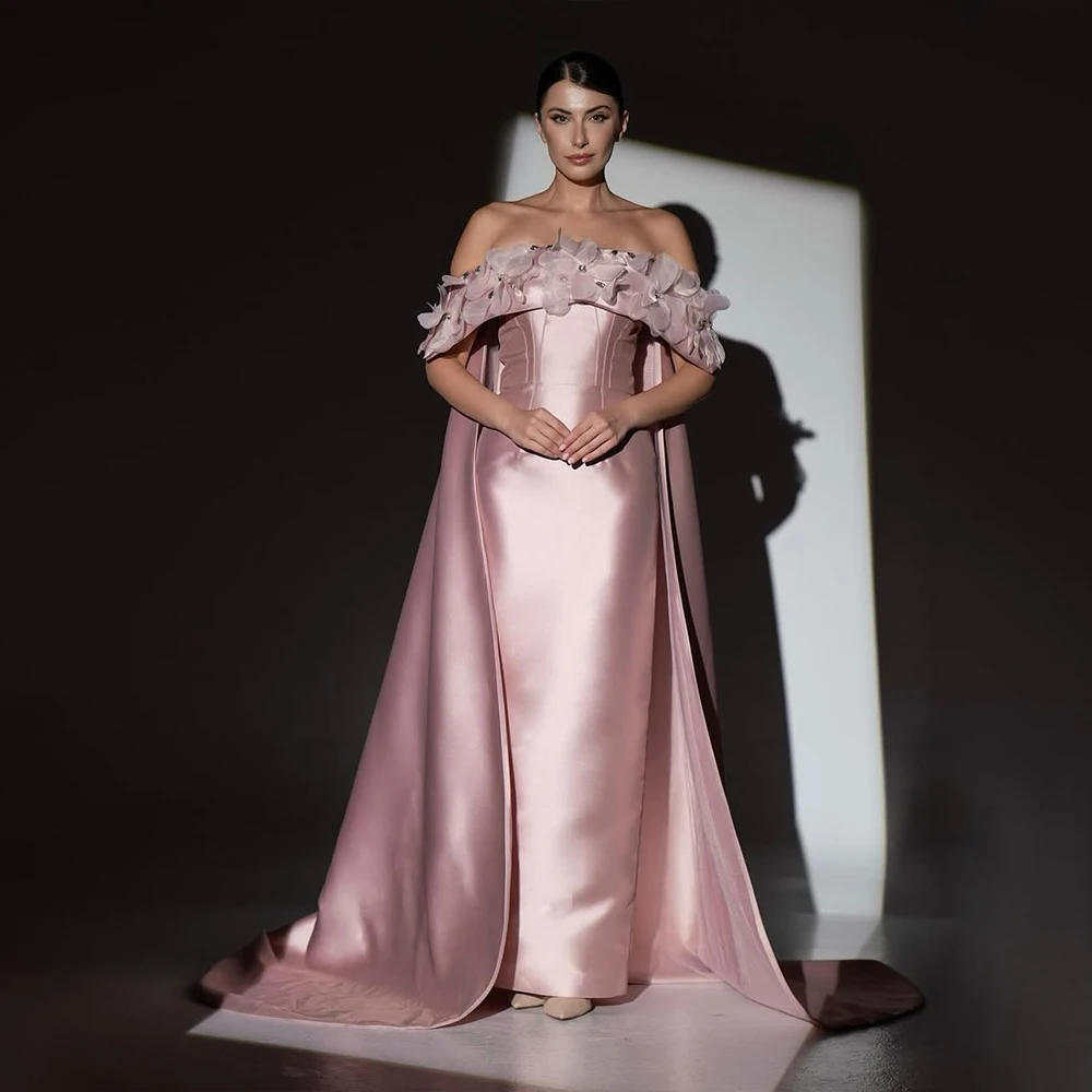 

Pink Evening Dresses Cape Off Shoulder Sleeveless Mermaid Prom Dress Women Wedding Guest Party Dress Customized robes de soirée