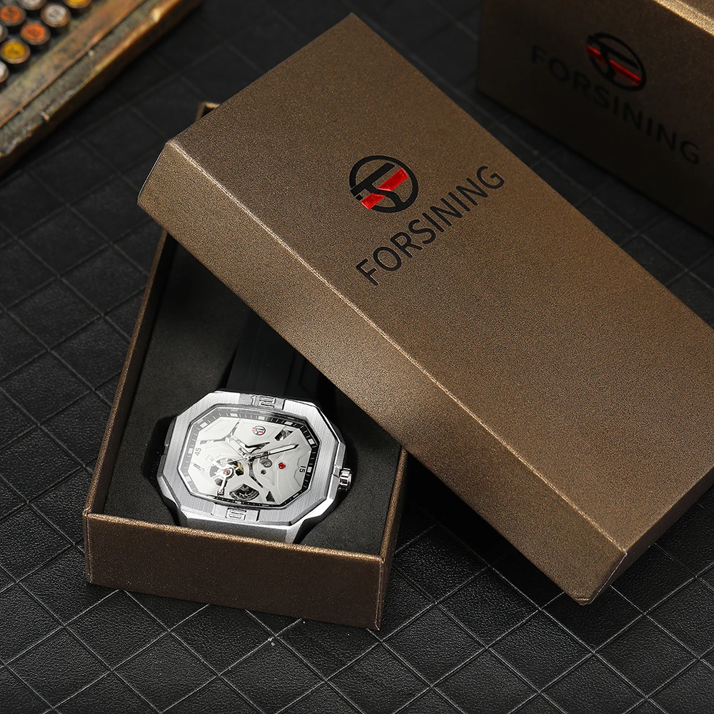 FORSINING Designer Luxury Man นาฬิกา Square Steel Skeleton Mechanical การเคลื่อนไหวอัตโนมัติ Clockwork สายยางกันน้ําชาย