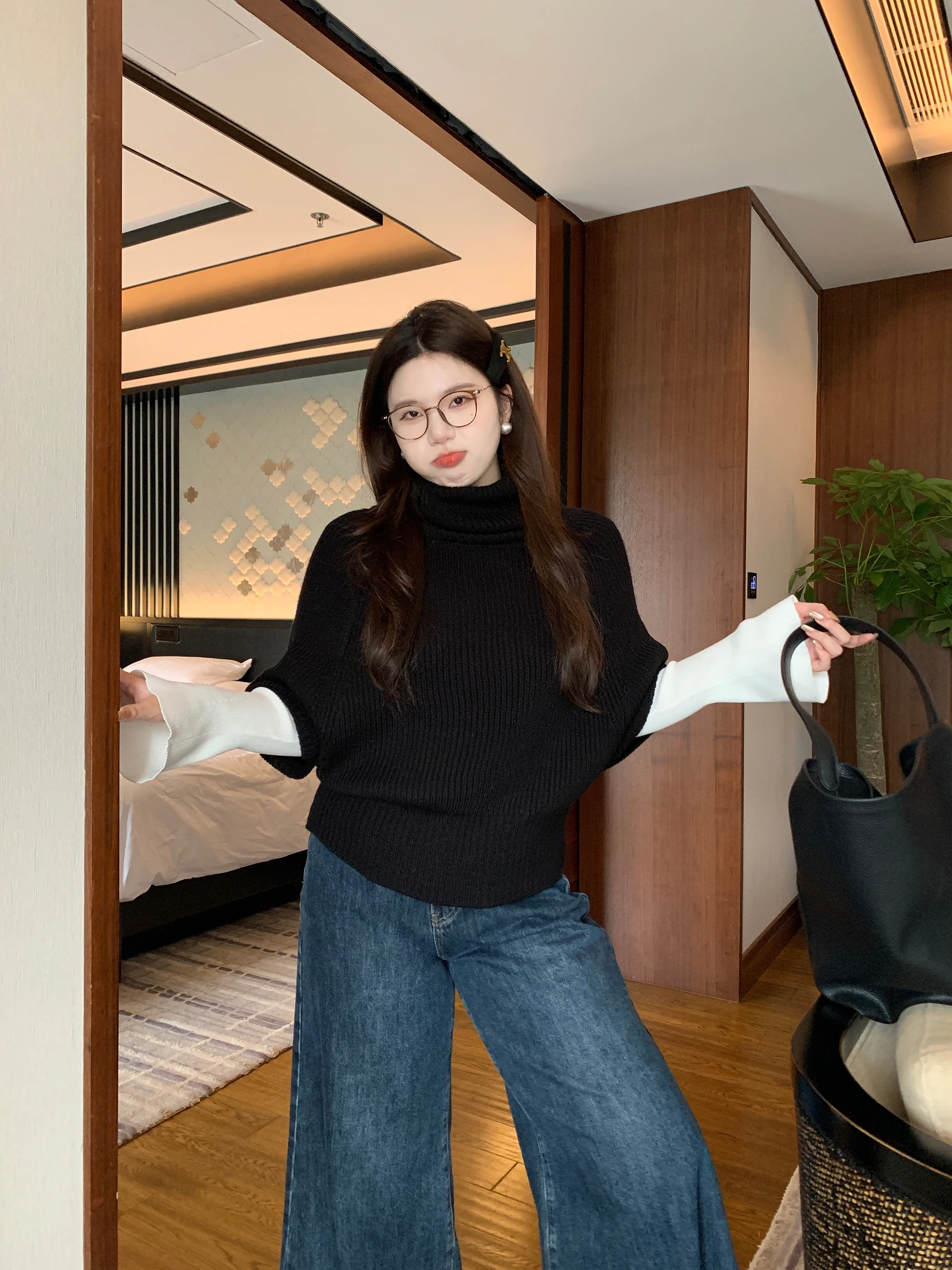 

Bla Woolen Knitted f Sve Sweater High Collar on Sle Women's Loose Fit Winter Faion Casual Comfortable Top