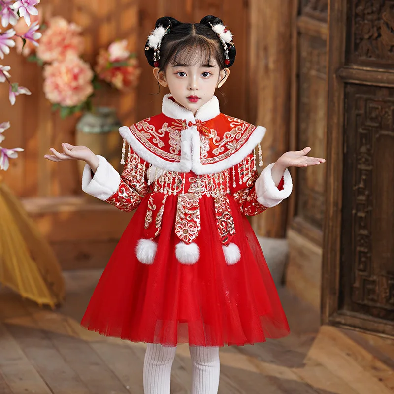 Red Girl Chinese New Year Clothing 2023 New Arrivel Children\'s Hanfu Clothes Ancient Kids Costume Quilted Dress Baby Tang Suit