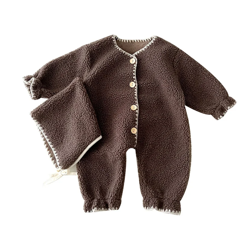 Winter Baby Romper Lamb Wool Jumpsuit Hat Set for Boys Girls Loose Toddler Infant Rompers Fashion Plush Kids Clothing 0-3 Years