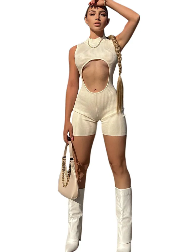 Hollow Out Jumpsuit For Women Outfits Apricot Playsuit Sleeveless Sexy Bodysuit O-neck Zipper Shorts One Piece Bodycon Rompers