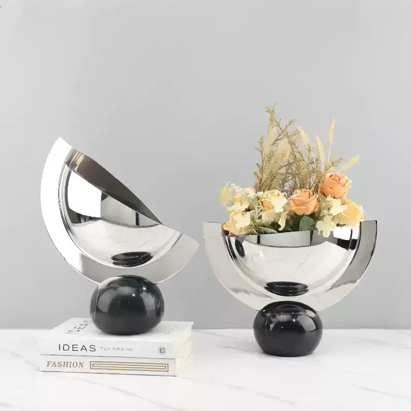 Geometric Marble Base Stainless Steel Mirror Flower Ware Decorative Ornament Porch Restaurant Home Accessories
