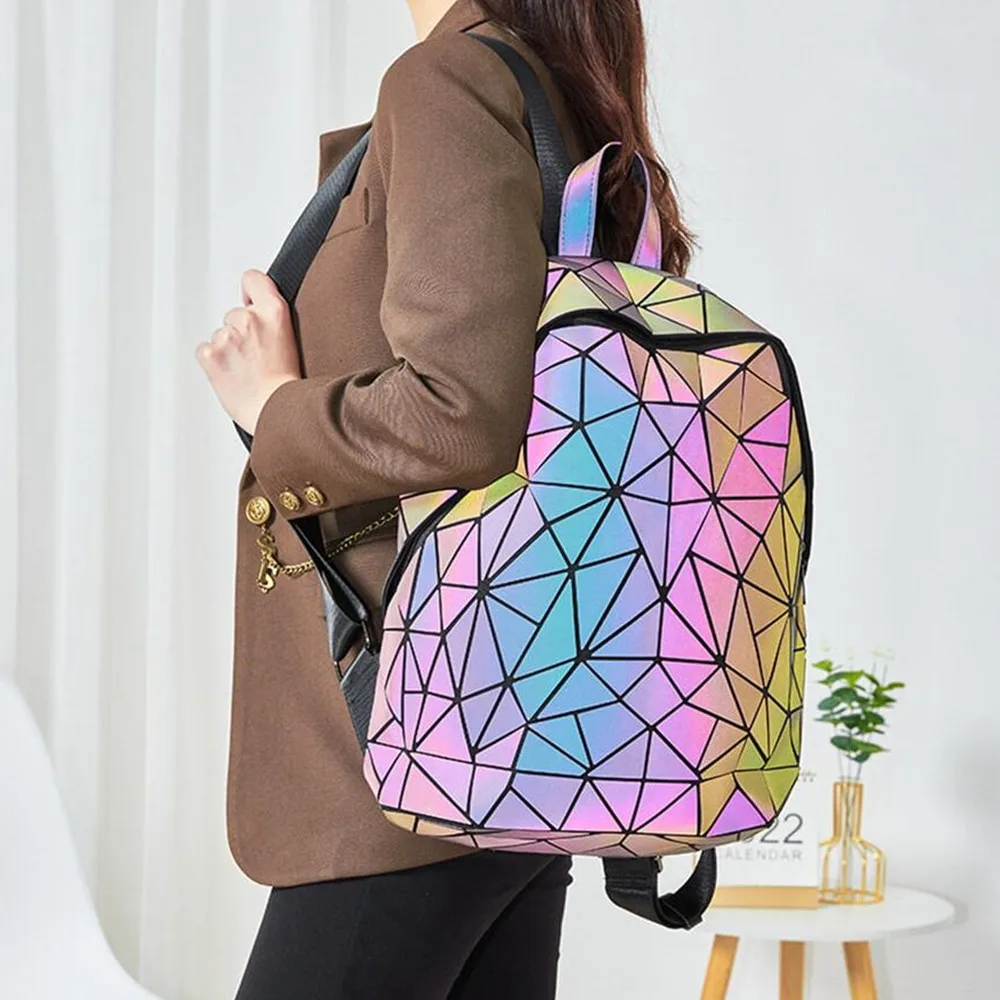 Zaino da donna luminoso alla moda/zaino pieghevole olografico con rombo geometrico/zainetto per studenti adolescenti per viaggi all\'aperto