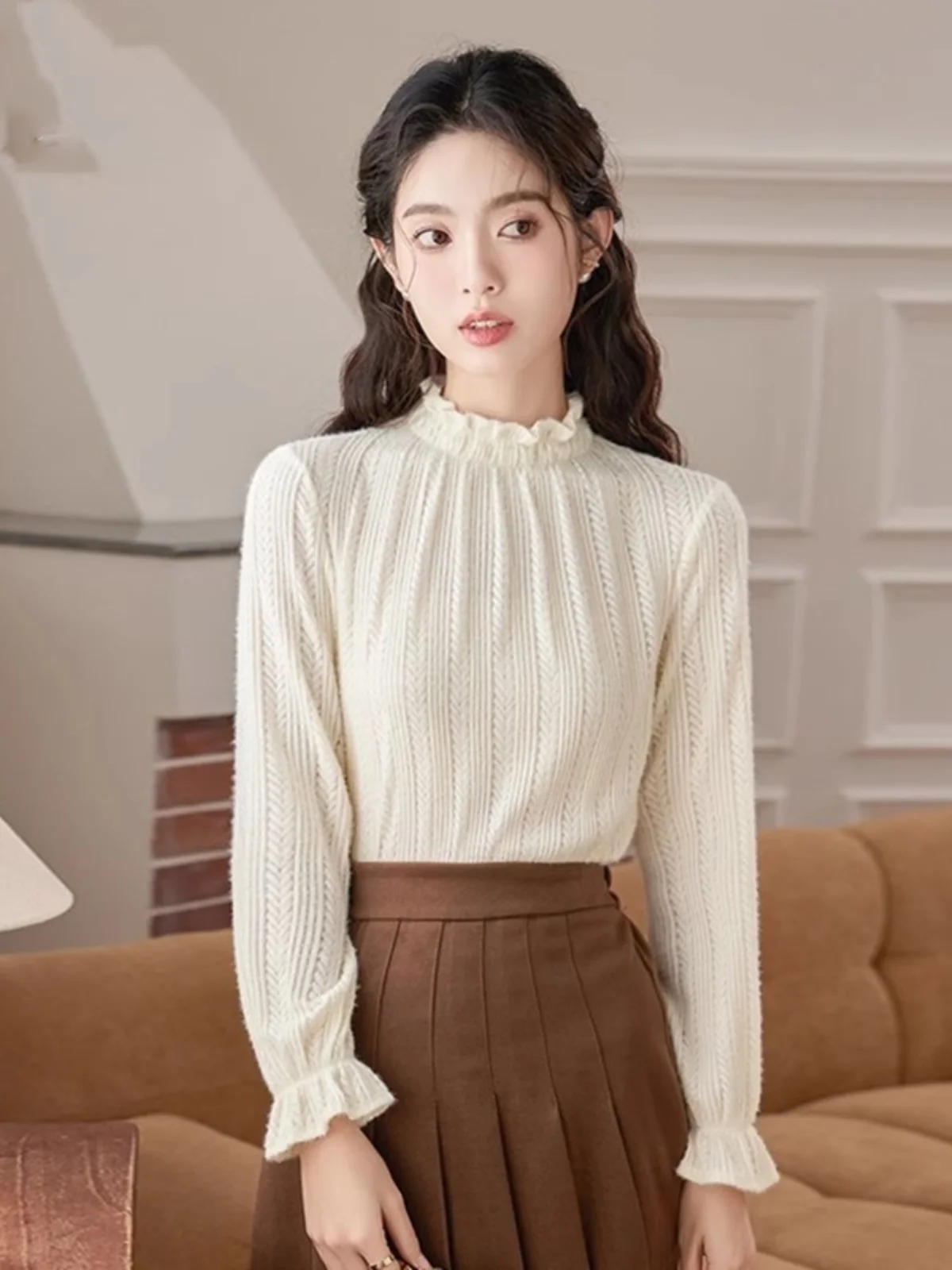 

Ретро-блузка с кружевом для женщин: модный дизайн, уникальный топ для ранней весны, с длинным рукавом, прямого кроя, из полиэфирного волокна