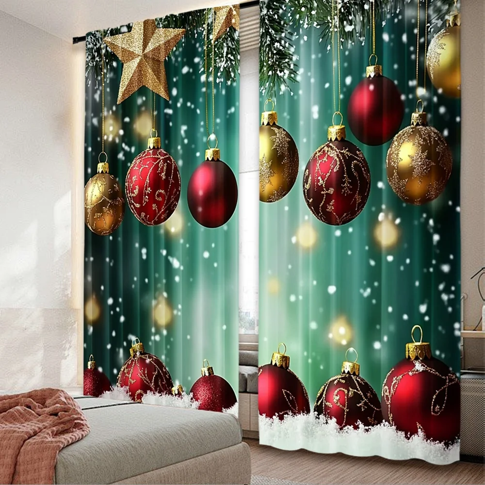 2D-Flachdruck, 2 Stück, Frohe Weihnachten, Weihnachtsvorhänge, Weihnachtsbaum3, digital bedruckte Polyester-Vorhänge, lichtecht, festlicher Urlaub für