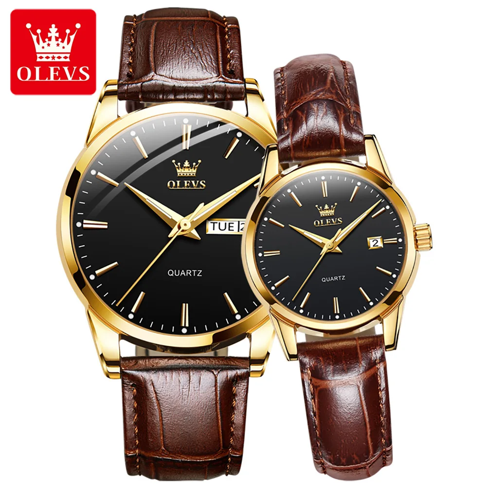 Olevs 6898 Origineel Paar Quartz Horloge Luxe Mode Waterdicht Licht Ademend Lederen Band Elegant Paar Quartz Horloge