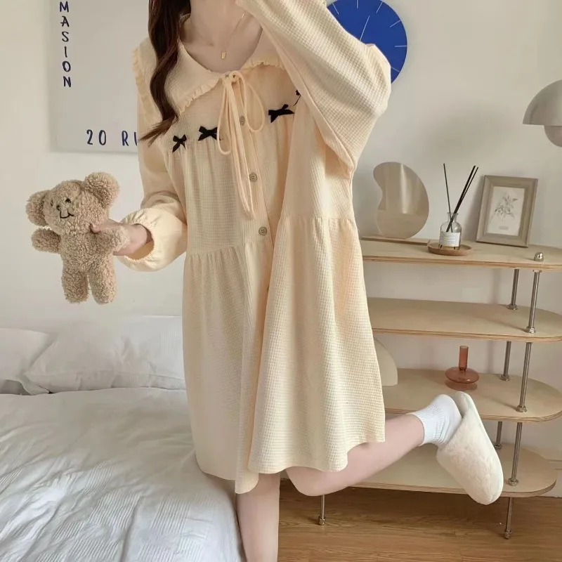 Bow Women Nightgown Ruffle Sleepwear Korean Nightwear Autumn Long Sleeve Sleeping One Piece Pajamas Peter Pan Collar Night Dress