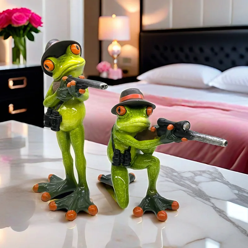 Creative Shooting Frog Resin Figurine Frog Soldier Sculpture Home Decoration Living Room Bedroom Desktop Animal Statue Ornaments