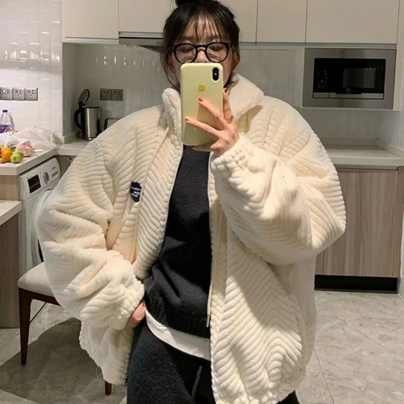 2023 Winter New Fashion Stand Collar Faux Rabbit Fur Coat Women Mid-Length Loose Thicken Parka Korean Style Leisure Warm Outwear