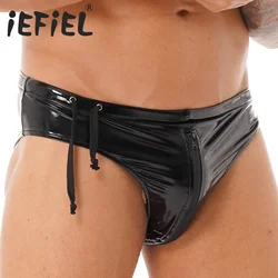 Male Mens Wet Look Briefs Drawstring Low Waist Zipper Patent Leather Bikini Underpants Underwear Clubwear Stage Show Costume