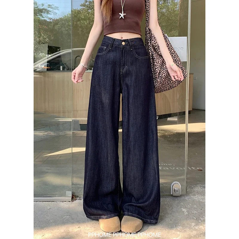 

Womens Dark Blue High Waist Wide Leg Jeans Loose Slimming Casual Floor Length Denim Pants