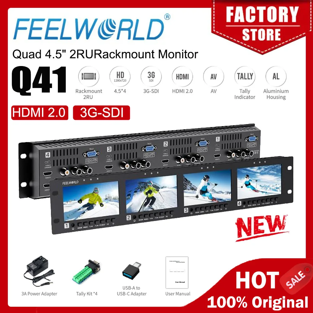 

FEELWORLD Q41 Quad 4.5" 2RU Rackmount Monitor 3G-SDI 4KHDMI AV input and output 1280x720 pixels