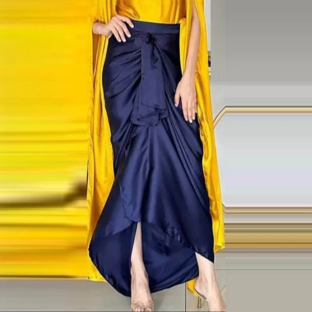 

Navy Blue Mermaid Satin Women Skirt Without Top High Low Pleats Party Birthday Skirt Formal Lady Formal Skirt юбка женская