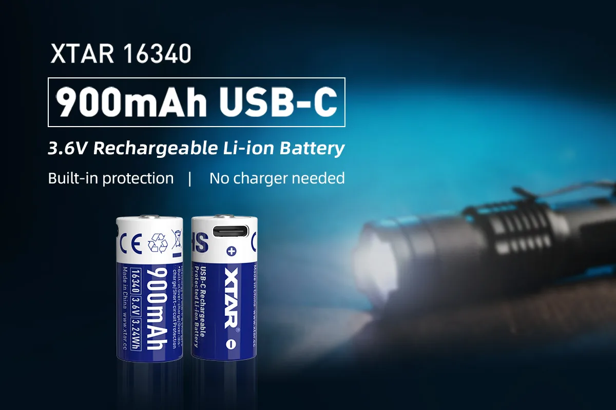 XTAR 3.6V 16340 USB-C 900mAh Rechargeable Li-ion Battery with Protection board Fast Charging Safe High Capacity 500+ Cycles