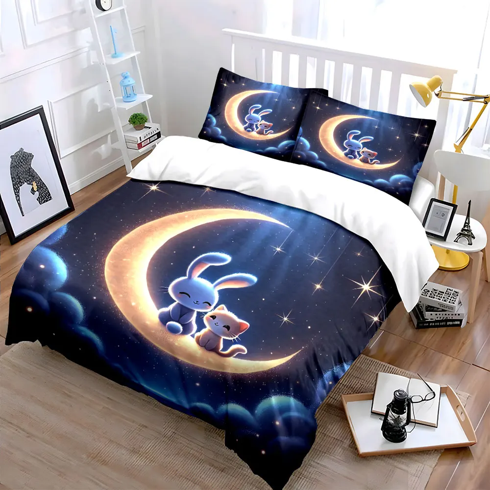 Bunny and Cat on Crescent Moon Print Bedding Set 1 Duvet Cover 2 Pillowcases for Adult and Children Luxury Gift Full Size