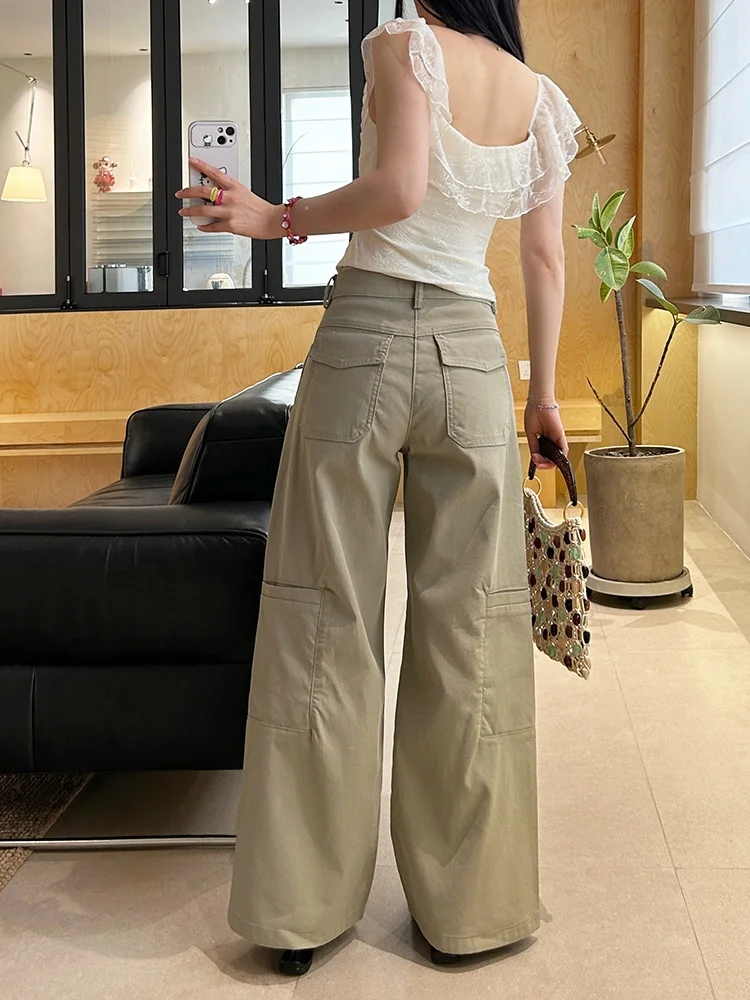 

Повседневные женские брюки с высокой талией и широкими штанинами, весна 2026, прямой крой, свободный силуэт, без стрейча, цвет хаки, рабочие брюки