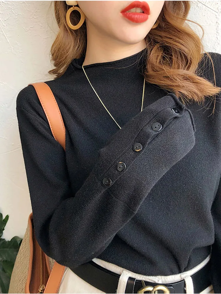 Suéter de punto para mujer, Jersey grueso de manga larga con cuello alto y botones, suave y cálido, otoño e invierno, 2024