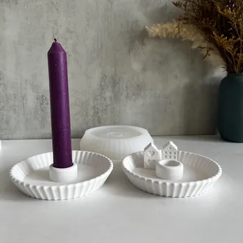 스트라이프 라운드 접시 양초 거치대 콘크리트 시멘트 금형, DIY 홈 장식 양초 스틱 트레이, 석고 석고 금형 보관 몰드