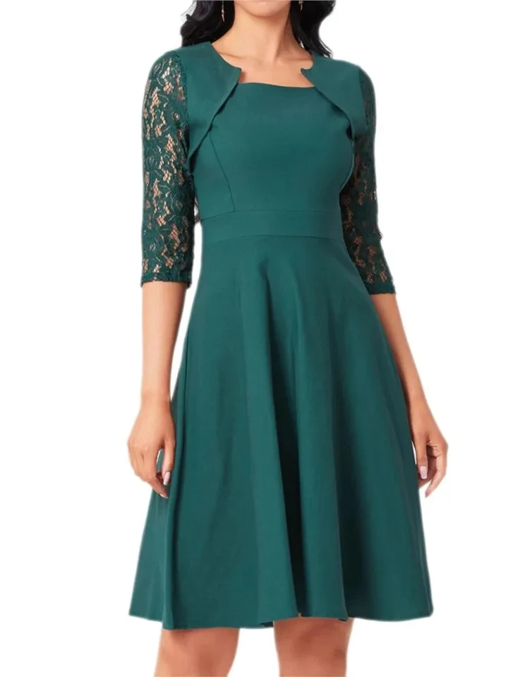 

Women's Lace Patchwork Sleeves Red Square Neck Dress Spring Summer Elegant Waist-cinching Large Swing Female 7-inch Sleeve Dress