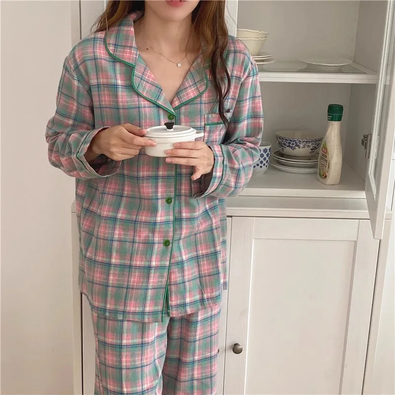 Women\'s Pajama Set Spring Summer 2 Piece Plaid Pyjama Pocket Buttons Down Sleepwear Long Sleeve Pijama Mujer Pjs Homewear