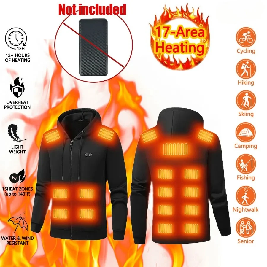 

Зимняя женская 17-зонная куртка с подогревом, мужская куртка с длинным рукавом с подогревом, тепловые лыжные спортивные пальто для кемпинга (не входит в комплект в Power Bank)