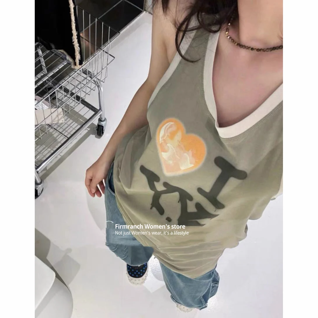 Firmranch New Korean Fashion Loose Sleeveless Shirt I Love YY Printed Long Vest For Women Summer Girls' Chic Tank Top Blouse