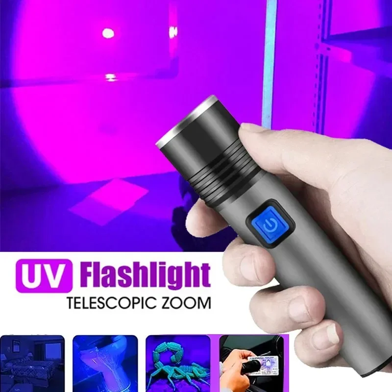 395nm UV Flashlight Blacklight Zoomable USB Rechargeable UV Light Ultraviolet Flashlight for Pet Urine Detection Resin Curing