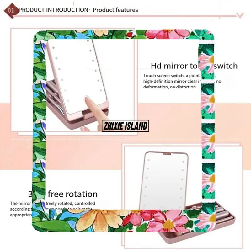 Mirror Portable Folding Mirror With 5 Brushes Storage Box LED Touch Portable One-Face Storage Box Makeup Mirror White