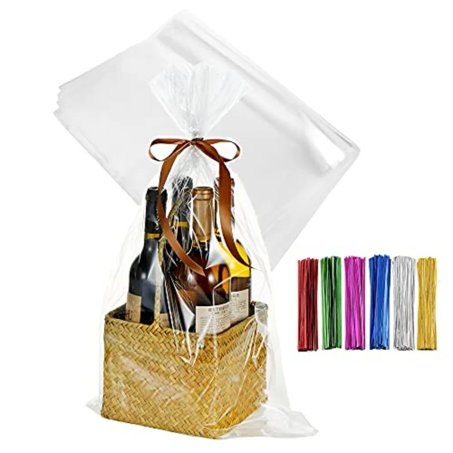 

100 Pcs 16" x 24" Large Clear Thick Cello Treat Bags Flat Cellophane Bags With 6 Colors Twist Ties Packaging Wrapping Gift Bask