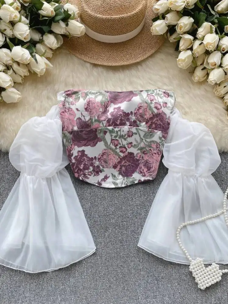 

Женский винтажный жилет с принтом, летние сетчатые пляжные майки с пышными рукавами, женские сексуальные укороченные топы с открытыми плечами