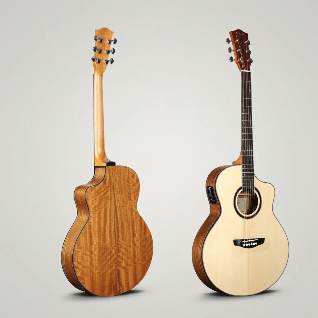Glossy Electro Acoustic Guitar 6 String Cutaway Natural Top Dark Back Chrome Tuners Dot Inlay White Bridge Pins Built-In EQ