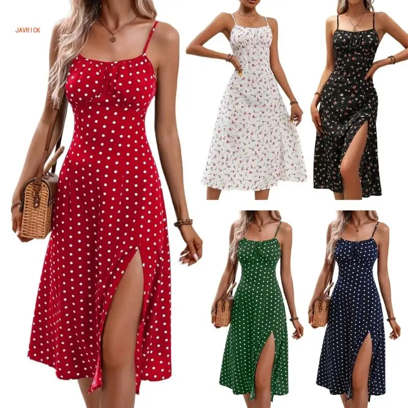 N1HE Elegant Print Dress with Side Slit Square Neck Fashionable Casual BeachWedding Party Midi Dress for Women and Girls