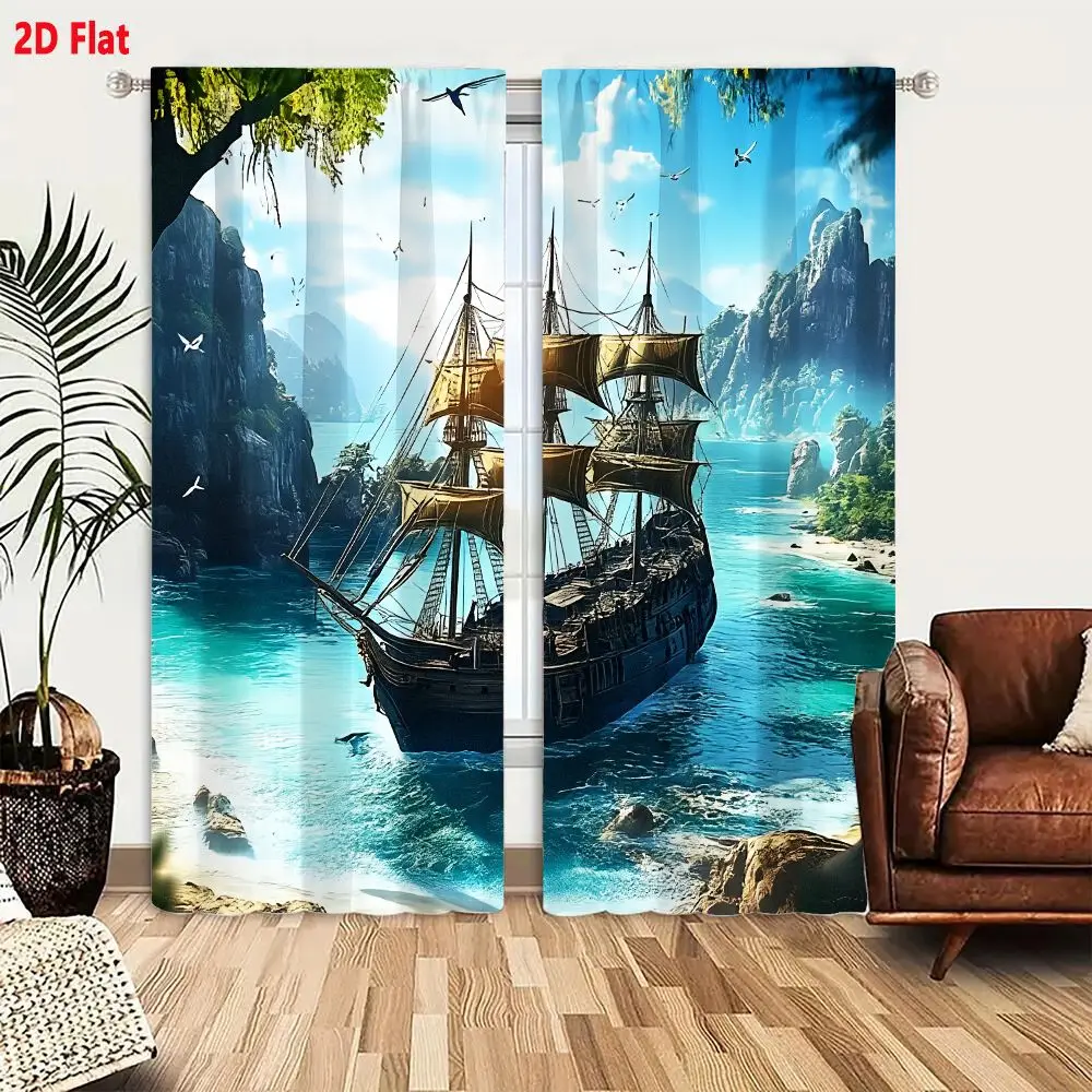 2Pcs Curtains 2D Flat Majestic Three Masted Sailing Ship Navigating Turquoise Waters Near Lush Cliffs Window Drapes for Bedroom